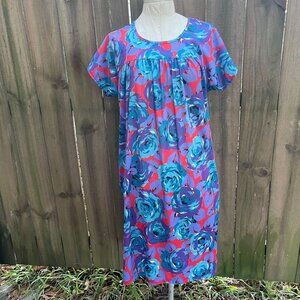 Vintage VISIONS Blue Purple Floral ROSES HOUSEDRESS Muumuu S